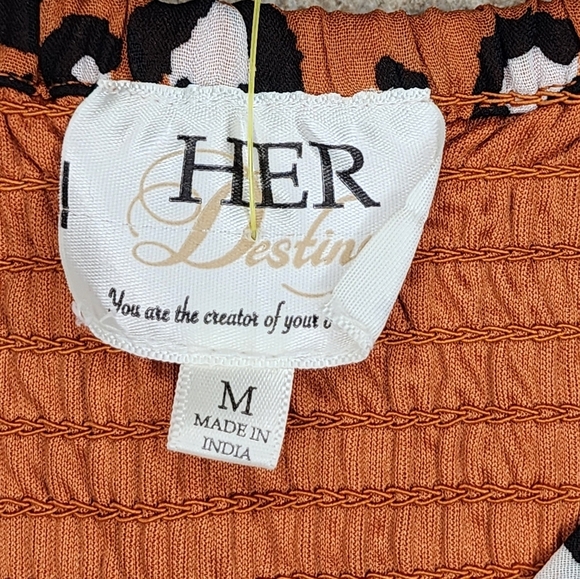 HER DESTINY orange/leopard tiered midi dress, puff sleeves, v-neck, size M - Picture 7 of 9